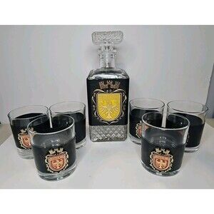 Vintage Lead Crystal / Leather Liquor Decanter Deutschland 6 Glass Set ITALY